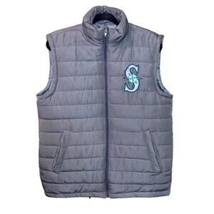 Seattle Mariners Puffy Vest Men's Medium Grey MLB Baseball Full Zip Puffer EUC